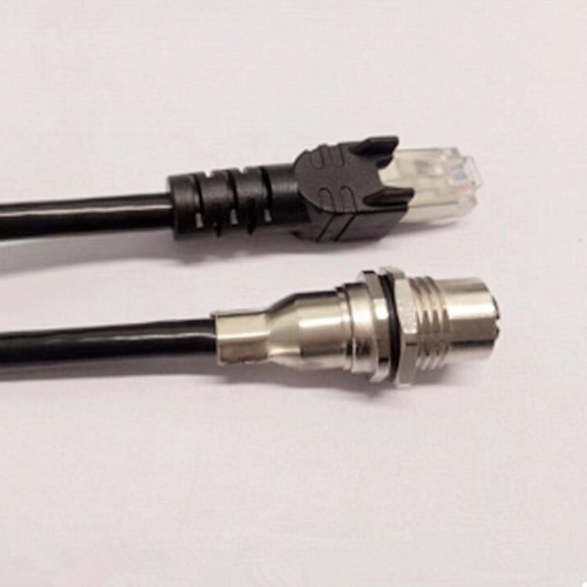 M12 X-8pins industrial pulg connector to RJ internet cable assembly